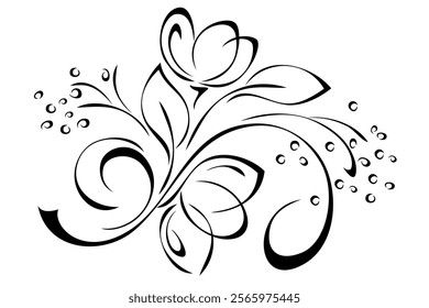 stylized blossoming flowers on stems with leaves and curls; graphic decor