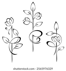 stylized blossoming flowers on stems with leaves and curls; graphic decor