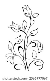 stylized blossoming flowers on stems with leaves and curls; graphic decor