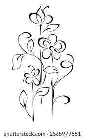 stylized blossoming flowers on stems with leaves and curls; graphic decor