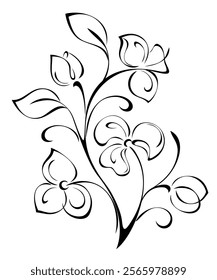 stylized blossoming flowers on stems with leaves and curls; graphic decor