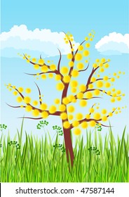 Árbol estilizado floreciente sobre hierba verde