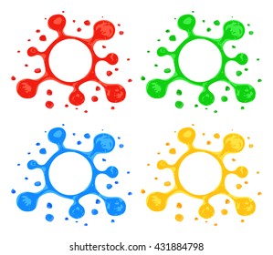 Stylized blots with splashes. Hand drawn by highlighter marker blots. Blot symbols in red, green, blue and yellow colors isolated on white background. Blot design elements. Vector in EPS10 format.