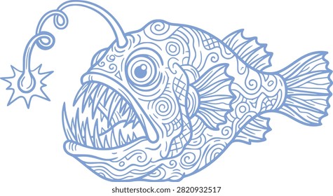 A stylized blue anglerfish is depicted in profile against a white background. The fish has a large mouth filled with sharp teeth and a prominent lure extending from its head, which is illustrated as a starburst shape. The body of the fish is covered in an intricate, swirling pattern of blue lines, creating a decorative texture. Its fins and tail are also outlined with the same blue line