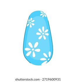 Stylized blue artificial nail displaying a fresh white floral pattern, representing beauty, fashion, and feminine aesthetic applications for manicure and pedicures