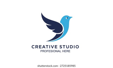 A stylized blue bird with a dark blue wing, captured in a dynamic pose, representing flight, communication, and artistic expression.