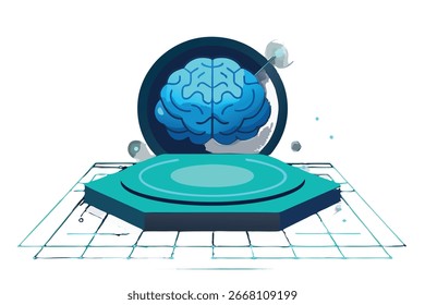 Un cerebro azul estilizado se muestra en una plataforma futurista con líneas brillantes y un fondo oscuro, lo que sugiere tecnología avanzada e inteligencia artificial.