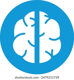 Stylized blue brain icon, circular format, divided segments, white, brain graphic, bold blue color, isolated white. Icon representing brain