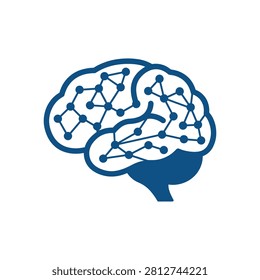 A stylized blue brain silhouette shows interconnected dots and lines. This signifies neural networks, artificial intelligence, or human cognition.