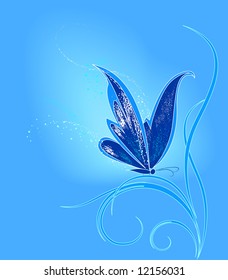 stylized blue butterfly with texture fine wing sits on fine plants on blue shining background
