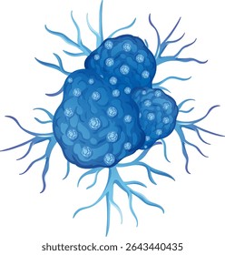 Stylized blue cancer cell with branching structures, showcasing intricate details and vibrant colors in a vector format