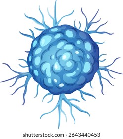 Stylized blue cancer cell with branching structures, featuring a vibrant color palette and organic composition