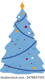 Stylized blue Christmas tree decorated colorful ornaments flame top. Cartoon holiday tree festive garland isolated white background. Blue Christmas yellow orange red celebration decoration