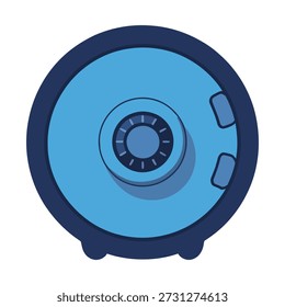 Una caja fuerte circular estilizada, azul, con una cerradura de combinación y dos Pequeñas asas en el lado derecho, sobre un fondo blanco.