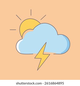A stylized blue cloud partially covers a yellow sun, with a yellow lightning bolt below, against a peach backdrop.