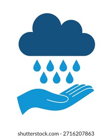 Agua de lluvia de nube azul estilizada cae en una mano humana extendida que simboliza la conservación del agua y el cuidado del medio ambiente