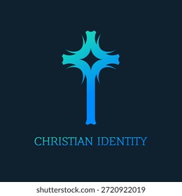 Una estilizada cruz azul con un diseño en forma de estrella en el centro, etiquetada como 'Identidad Cristiana' sobre un fondo oscuro.