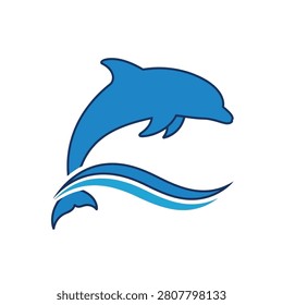 A stylized blue dolphin leaps gracefully over two wavy lines representing ocean waves, on a white background.