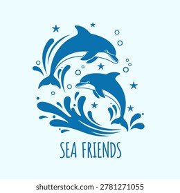 Stylized blue dolphin vector illustration featuring two dolphins jumping over waves with stars and Sea Friends text.