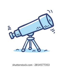 A stylized blue doodle illustration of an astronomical telescope mounted on a tripod for star gazing and space exploration.