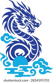 A stylized blue dragon coiled around a sun with clouds and water elements, representing mythical power and Asian culture.