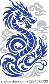 A stylized blue dragon with flowing mane and scales, coiled amidst swirling waves and clouds, evoking a sense of power and mystique.
