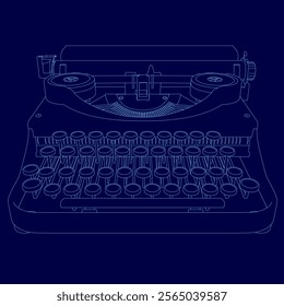 Stylized blue drawing of a typewriter. The image is a stylized representation of a typewriter, with the keys and other parts of the machine drawn in a way that emphasizes the design