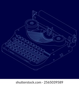 Stylized blue drawing of a typewriter. The typewriter is shown in a close up, with the keys and the rollers clearly visible. Concept of nostalgia and simplicity