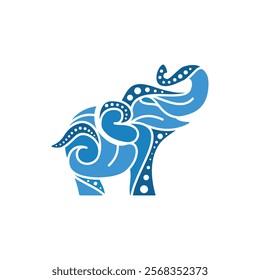 A stylized blue elephant with intricate patterns and dots