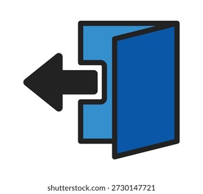 Um ícone azul estilizado da porta de saída com uma seta que indica o movimento, simbolizando a partida ou a partida.