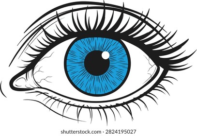 Stylized blue eye illustration with bold black outlines and dramatic eyelashes conveying a sense of focus and intensity