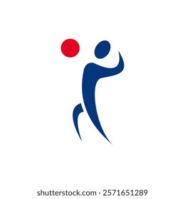 A stylized blue figure playing volleyball with a red ball.