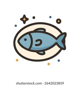 Stylized blue fish served on plate. Icon symbol illustration