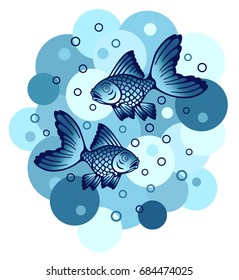 Stylized blue fishes and bubbles. Float in the water. Graphics, tattoo, print.
