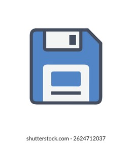 Stylized blue floppy disk icon with white elements; flat design against a White Background. Illustrates vintage data storage with simple lines.