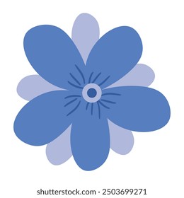 A stylized blue flower with six rounded petals and a small, dark center for floral and decorative theme illustration.