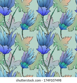 Stylized blue flowers on a delicate pattern for summer, use for fabrics and paper