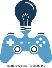 Un controlador de juego azul estilizado con una bombilla azul oscuro en la parte superior, situado sobre un fondo blanco puro, que representa la innovación en los juegos.