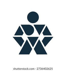 A stylized blue geometric figure composed of multiple triangles forming a humanoid shape with a circular head on a white background