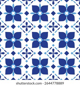 Stylized blue geometric floral pattern, perfect for digital prints, fabric, and fashion design projects.