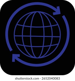 A stylized blue globe with a black directional arrow, representing international shipping, logistics, or data transfer.