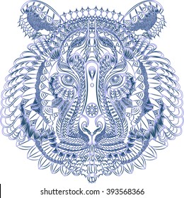 Stylized blue gradient tiger portrait line art on white background.