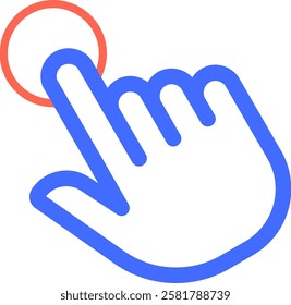 Stylized blue hand cursor is touching a red button, representing a click or interaction with a digital interface, emphasizing concepts of user interface, online activity, and modern technology
