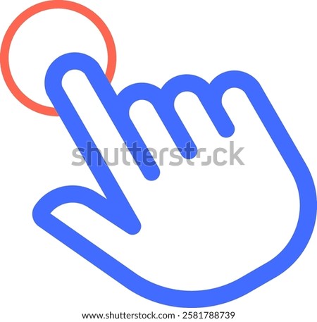 Stylized blue hand cursor is touching a red button, representing a click or interaction with a digital interface, emphasizing concepts of user interface, online activity, and modern technology