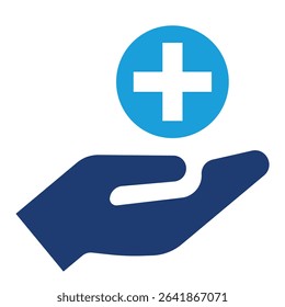 A stylized blue hand icon holds a blue circle containing a white cross, resembling a health or medical symbol. 