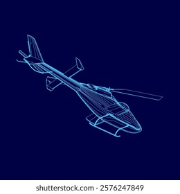 Stylized blue helicopter is depicted in the image, with a blue background. The helicopter is shown in a way that emphasizes its design and shape, rather than its realistic appearance