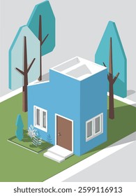 Stylized Blue Home with Geometric Trees