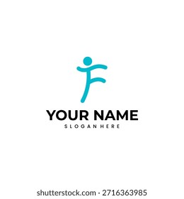 A stylized blue human figure forms the letter 'F', suggesting movement and activity, with placeholder text for a name and slogan below.