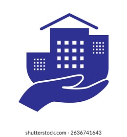 A stylized blue icon of a hand holding a building, symbolizing property care, real estate services, or facility management, with a roof above representing protection