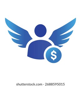 A stylized blue icon representing an angel with outstretched wings, featuring a dollar sign on its chest, symbolizing financial support or investment in a venture. Isolated on white.